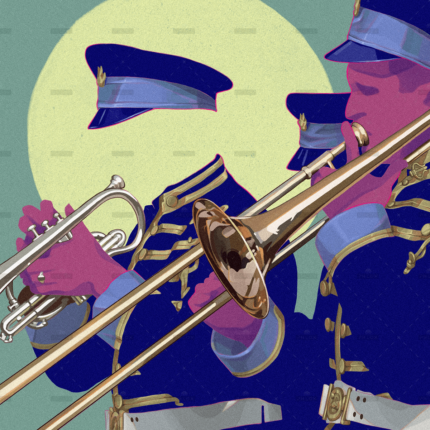 Illustration von Musikern in Uniform für Ferienhaus-Events, Ferienwohnungs-Verwaltung.