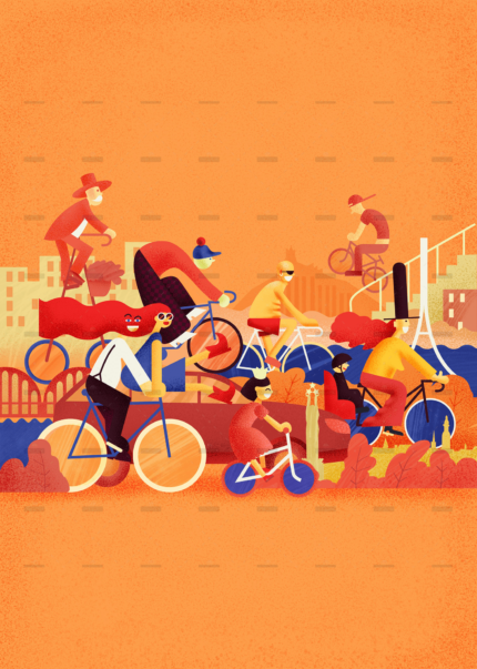 Illustration von Radfahrern, ideal für Ferienhaus-Aktivitäten. Urlaub im Ferienhaus, Radfahren in der Natur.