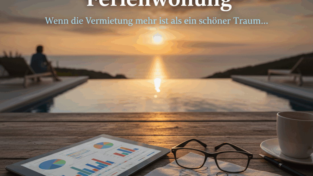 Ertragsprognose Ferienwohnung: Tablet mit Rendite-Grafik, Pool, Meerblick. Ferienimmobilie erfolgreich verwalten.