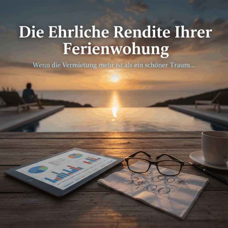 Ertragsprognose Ferienwohnung: Tablet mit Rendite-Grafik, Pool, Meerblick. Ferienimmobilie erfolgreich verwalten.