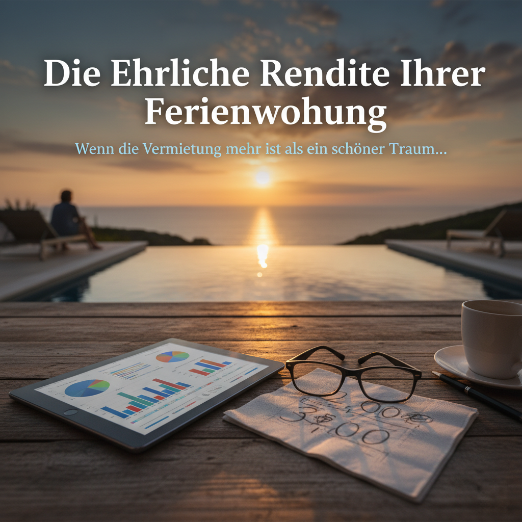 Ertragsprognose Ferienwohnung: Tablet mit Rendite-Grafik, Pool, Meerblick. Ferienimmobilie erfolgreich verwalten.