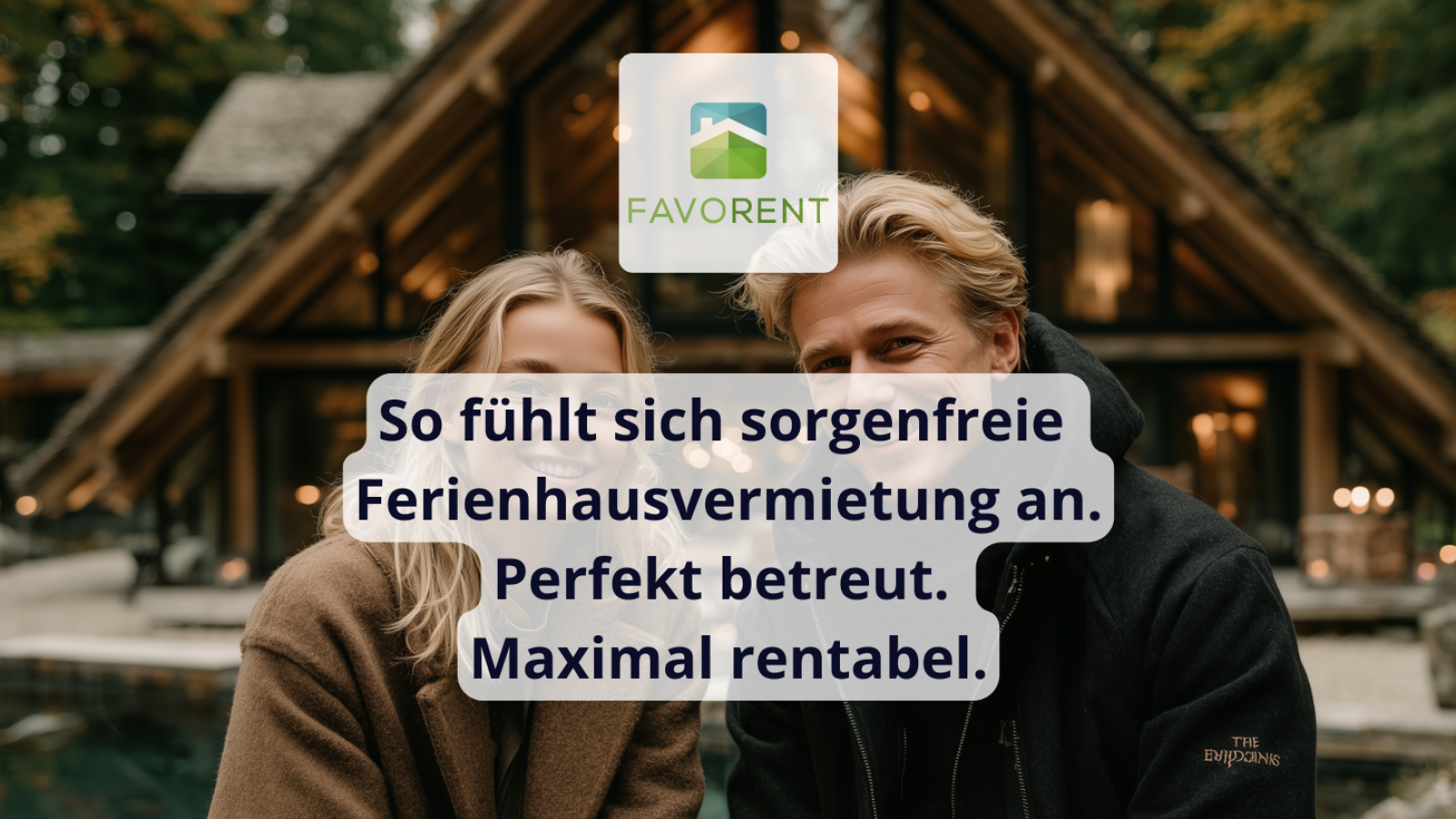 Favorent Bayern: Glückliches Paar vor Ferienhaus. Sorglose Ferienhausvermietung, maximal rentabel.