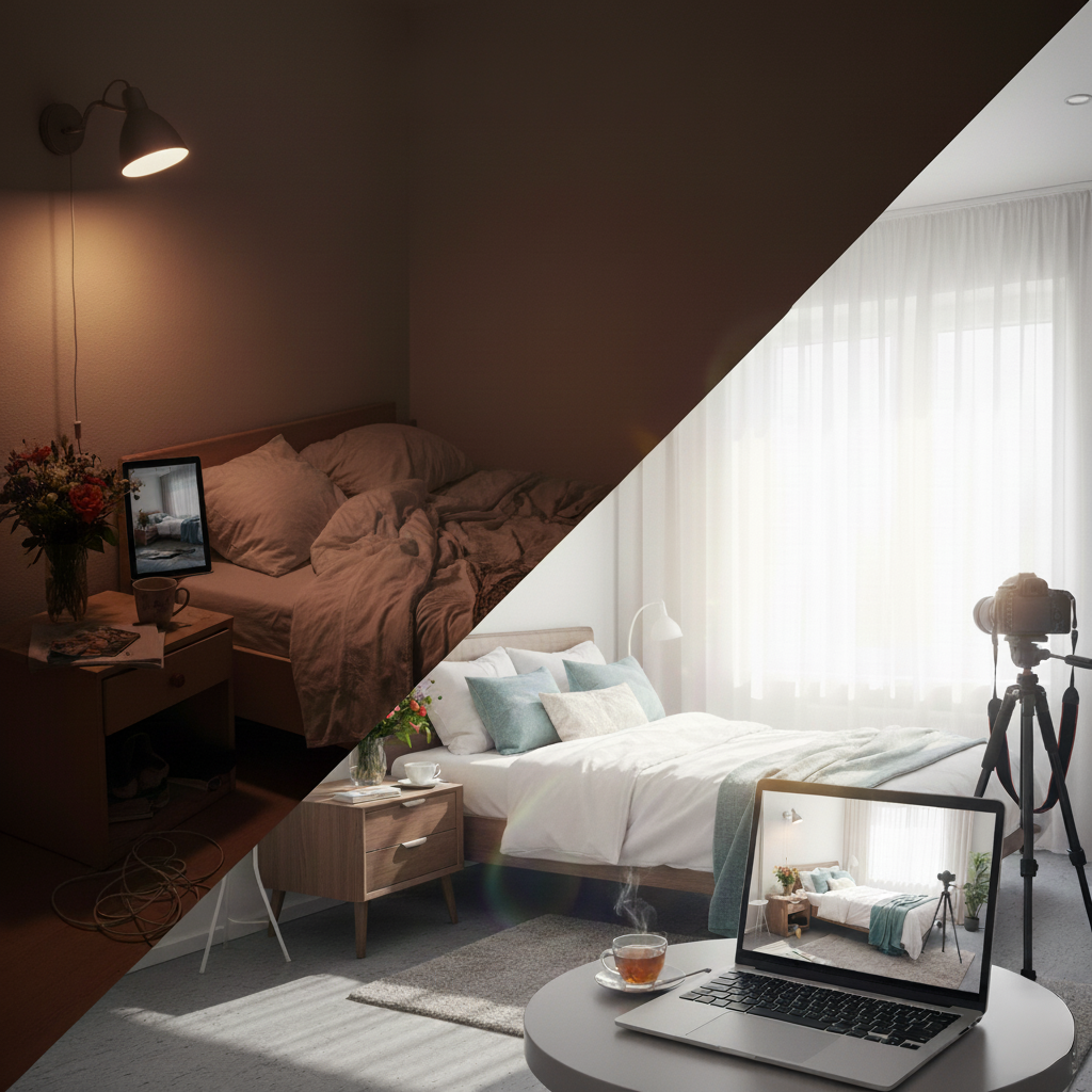 Ferienwohnung Fotos: Zimmer vor/nach dem Fotoshooting. Optimierung für Vermietung, bessere Bilder = höhere Buchungsrate.