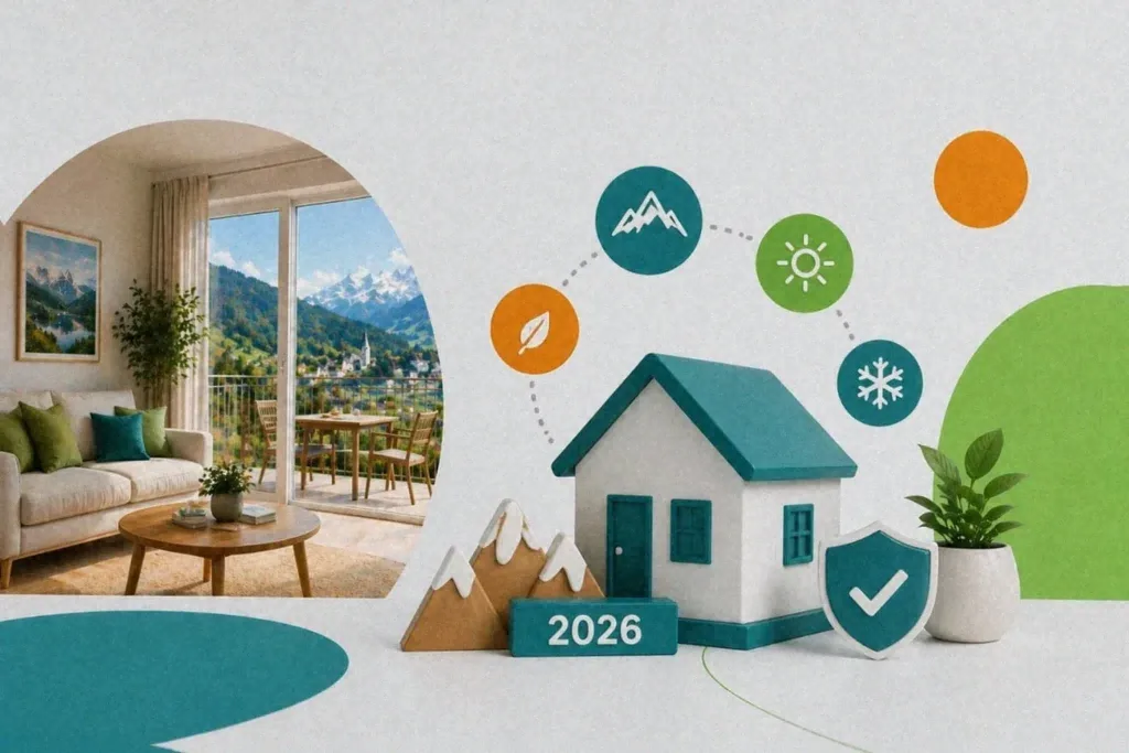 Ferienhaus-Illustration mit Bergen, Jahreszeiten-Symbolen und Text "2026" für ganzjährige Ferienwohnungsvermietung.