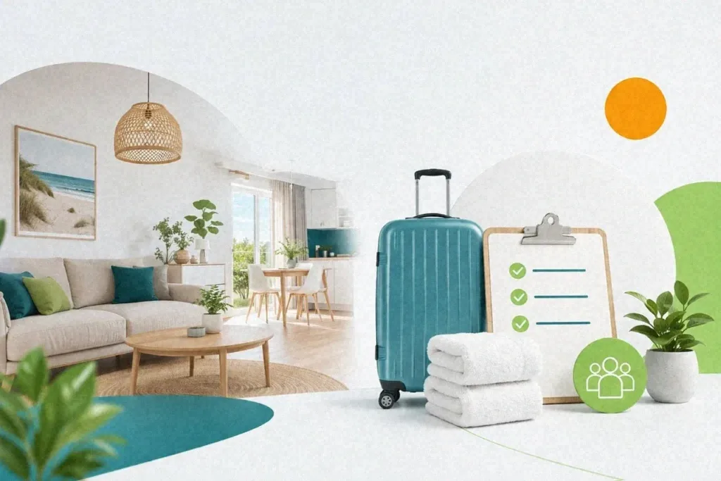 Koffer, Handtücher und Checkliste zeigen die Ausstattung einer Ferienwohnung, verwaltet von Favorent.