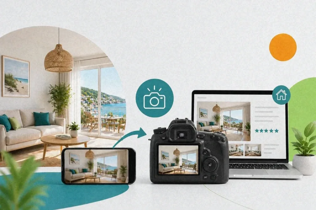 Ferienwohnung-Foto wird vom Handy über Kamera und Laptop auf eine Favorent-Anzeige übertragen.
