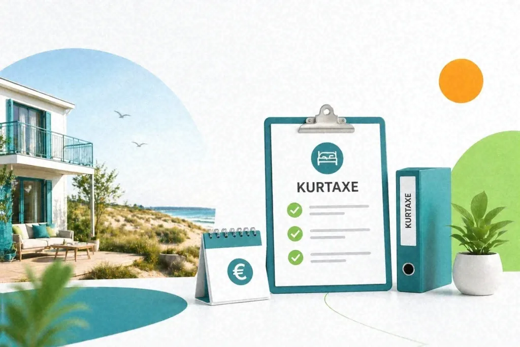 Grafik zeigt Kurtaxe-Formular, Kalender und Ferienwohnung für Favorents Ferienhaus-Management.
