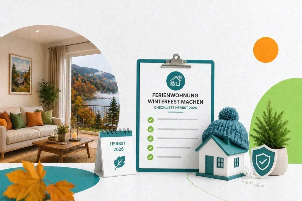 Checkliste für die Winterfestmachung einer Ferienwohnung, umgesetzt von Favorent, mit kleinem Hausmodell mit Mütze.
