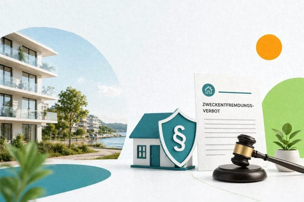 Hausmodell mit Paragraphenzeichen und Dokument "Zweckentfremdungsverbot" für Ferienwohnungsverwaltung.