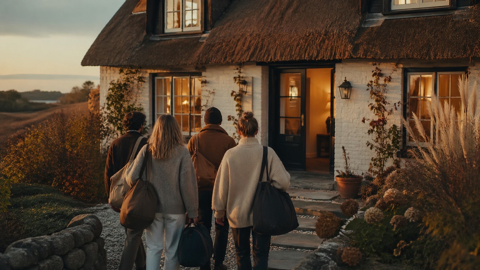 Freundesgruppe bei der Ankunft vor der Ferienwohnung