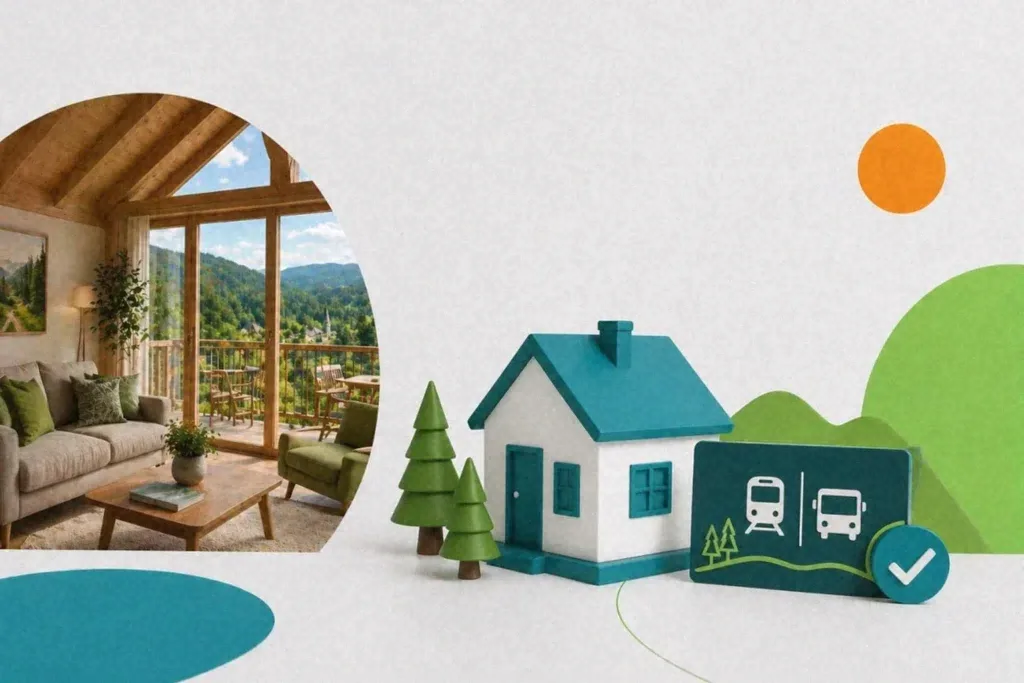 Ferienhaus-Szene mit Zug- und Bussymbol für KONUS-Vorteil im Schwarzwald.