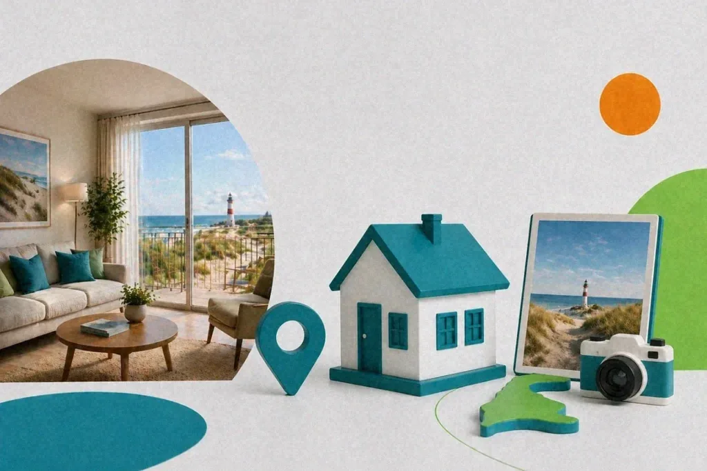 Stylized holiday home with turquoise roof, map pin, camera, and tablet showing a beach scene.