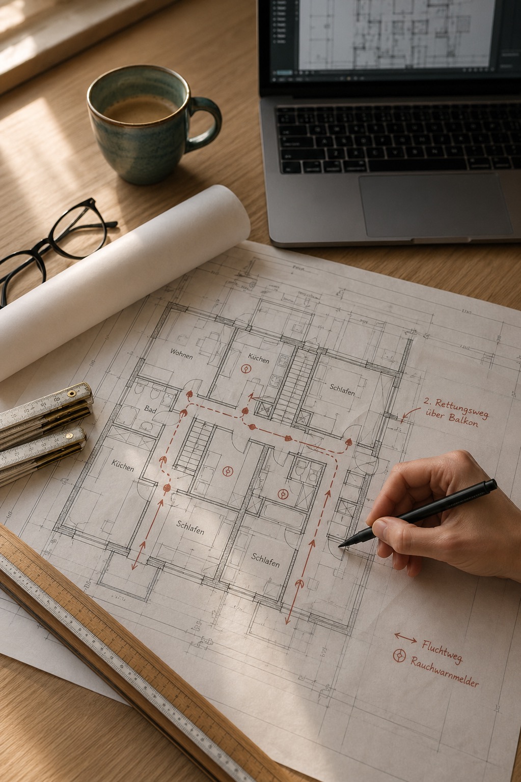 Architekt zeichnet Brandschutzkonzept