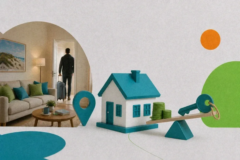 Mann betritt helle Ferienwohnung mit Rollkoffer, neben stilisierter Hausgrafik und Waage mit Schlüssel.