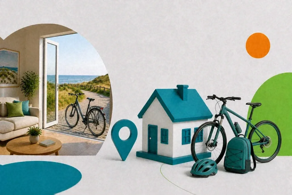 Radfahrer-freundliche Ferienunterkunft mit Fahrrad am Strand, Haus und Ausrüstung zeigt Favorent Services.