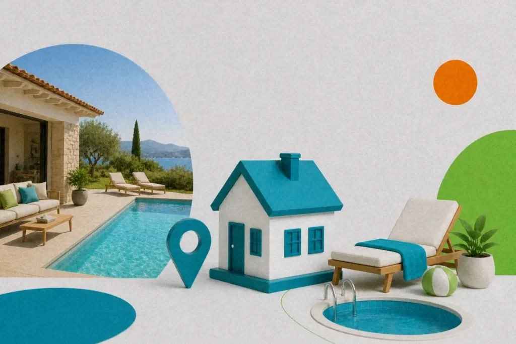 Ferienhaus-Szene zeigt Pool, Liegen und Miniaturhaus, die Urlaub und Ferienhaus-Management durch Favorent symbolisieren.