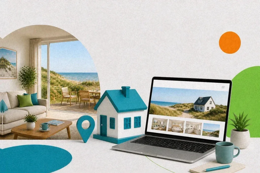 Laptop zeigt Ferienhaus-Webseite mit Strandansicht, daneben Modellhaus und blauer Pin. Ferienhausverwaltung mit Favorent im Blick.