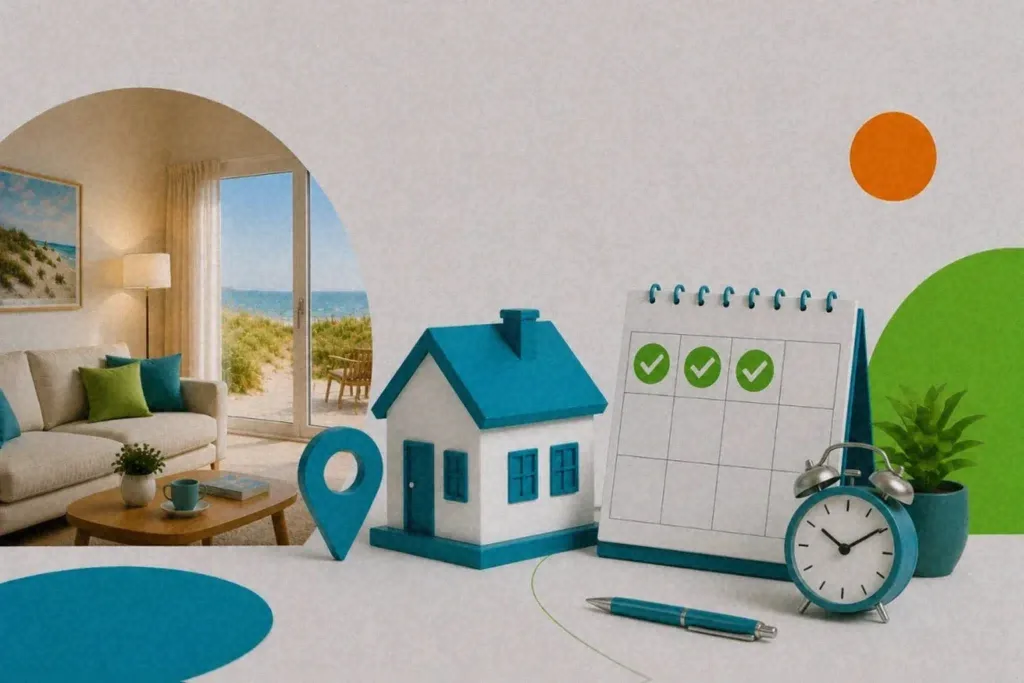 Modellhaus, Kalender mit Häkchen und Wecker symbolisieren die Organisation einer Ferienimmobilie.
