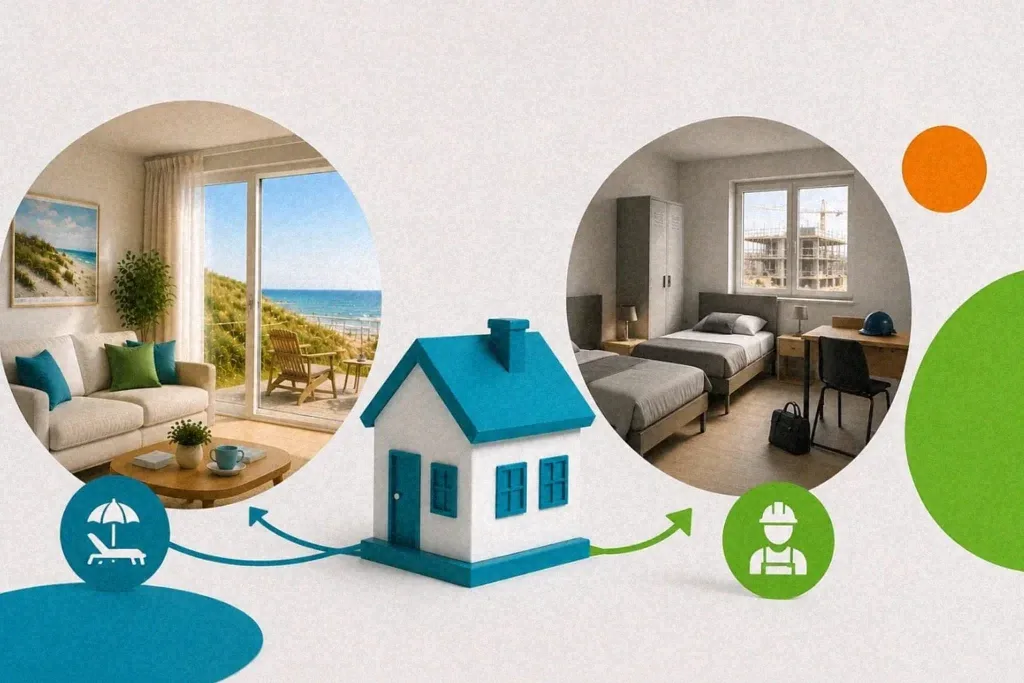 Ferienhaus-Grafik zeigt Vermietung an Urlauber und Monteure, repräsentiert durch Icons und Interieur-Bilder.
