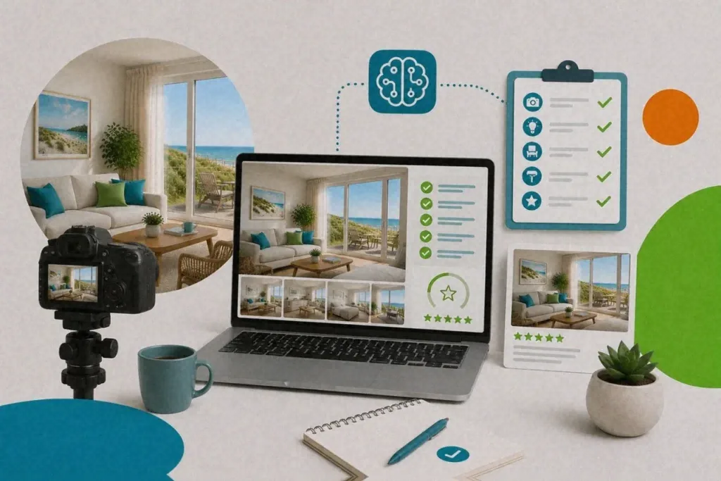 Laptop zeigt Qualitätsprüfung einer Ferienwohnung mit Meerblick. Checkliste visualisiert die Optimierung für Favorent.