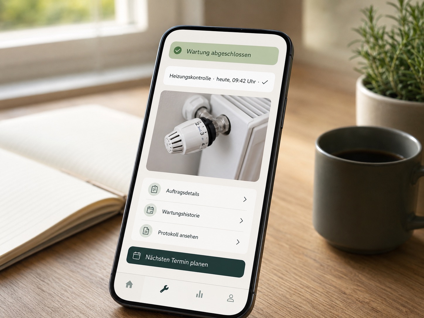 Smartphone auf Holztisch zeigt eine Service-App mit abgeschlossenem Wartungstermin „Heizungskontrolle" und einem Foto eines geprüften Heizungsventils.