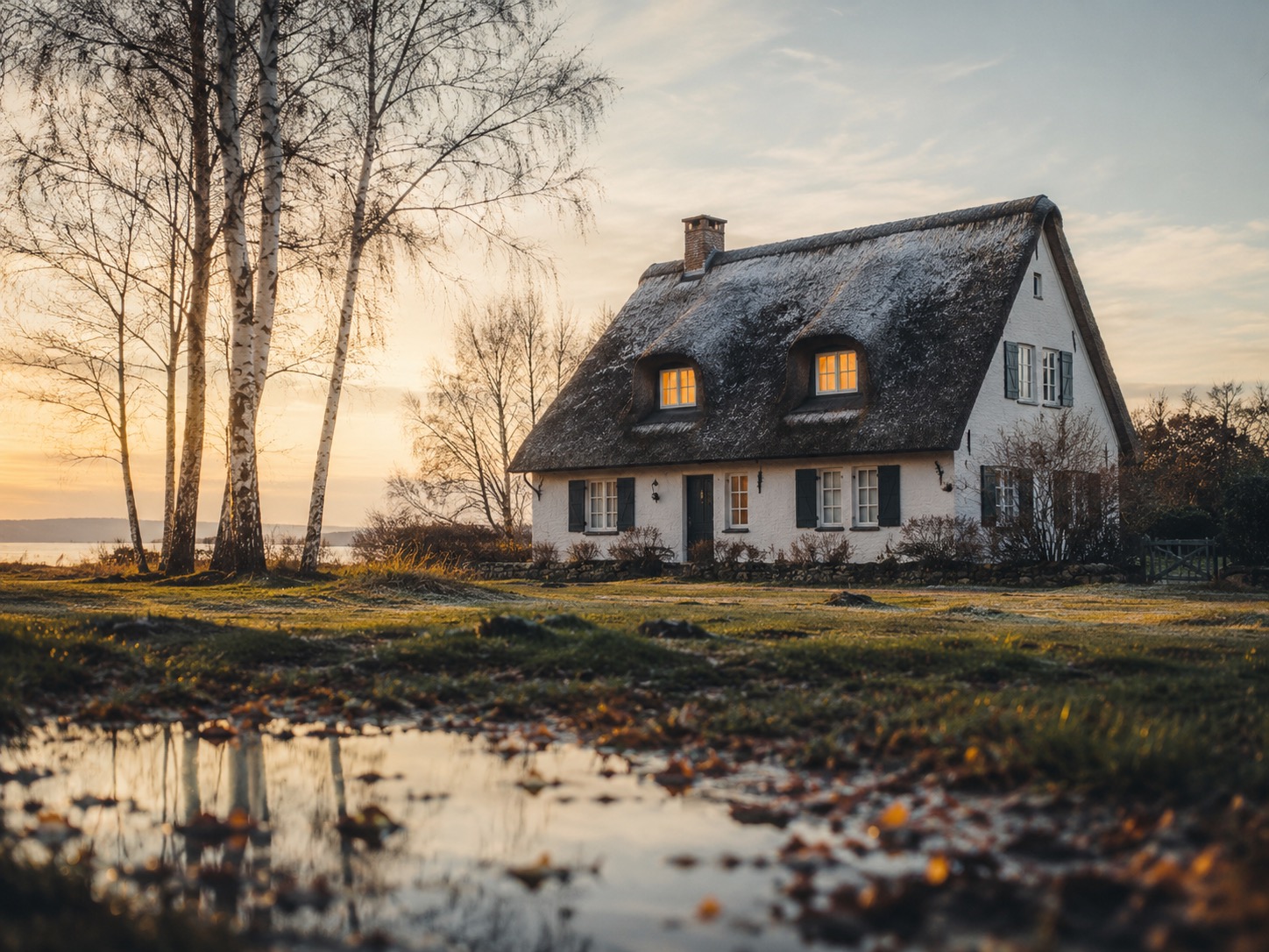 Verschneites Reetdach-Ferienhaus an einem klaren Herbsttag, mit warm beleuchteten Fenstern und einer Pfütze mit Herbstlaub im Vordergrund.