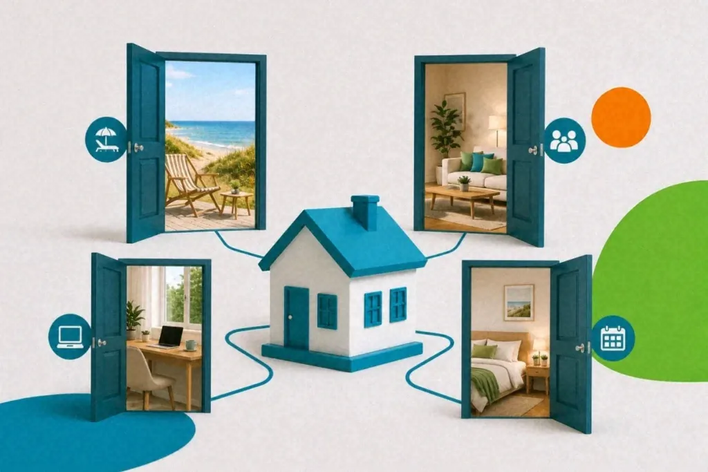 Ferienhaus-Modell mit vier offenen Türen: Strand, Wohnzimmer, Schlafzimmer und Büro.