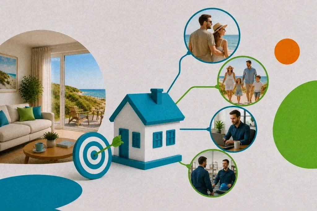 Blaues Zielscheiben-Symbol mit Pfeil zielt auf ein Ferienhaus, umgeben von Urlaubsgruppen und Wohnungseinrichtung.