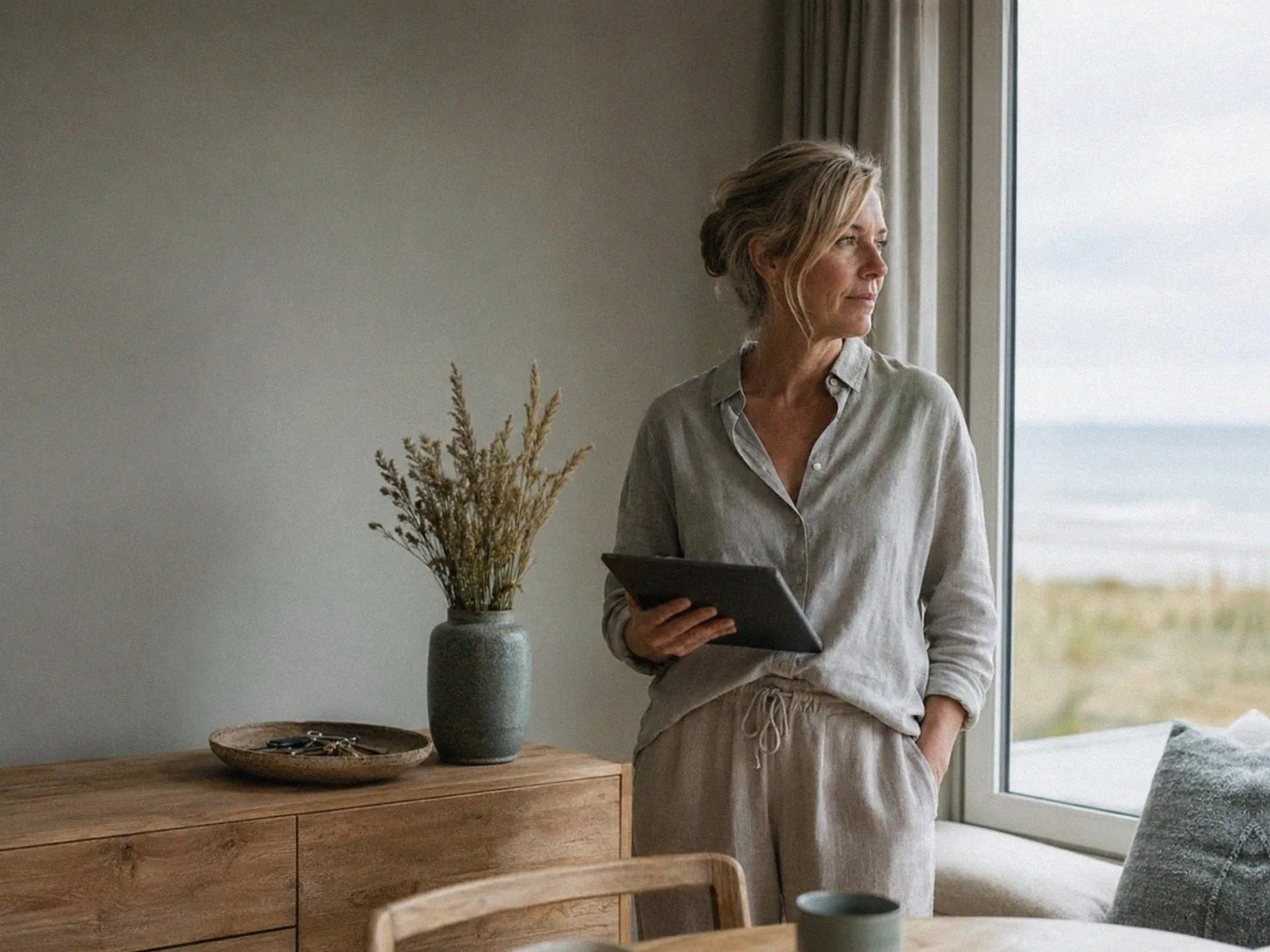 Frau mit Tablet blickt aus dem Fenster einer Ferienwohnung; Favorent bietet Ferienwohnungsmanagement.