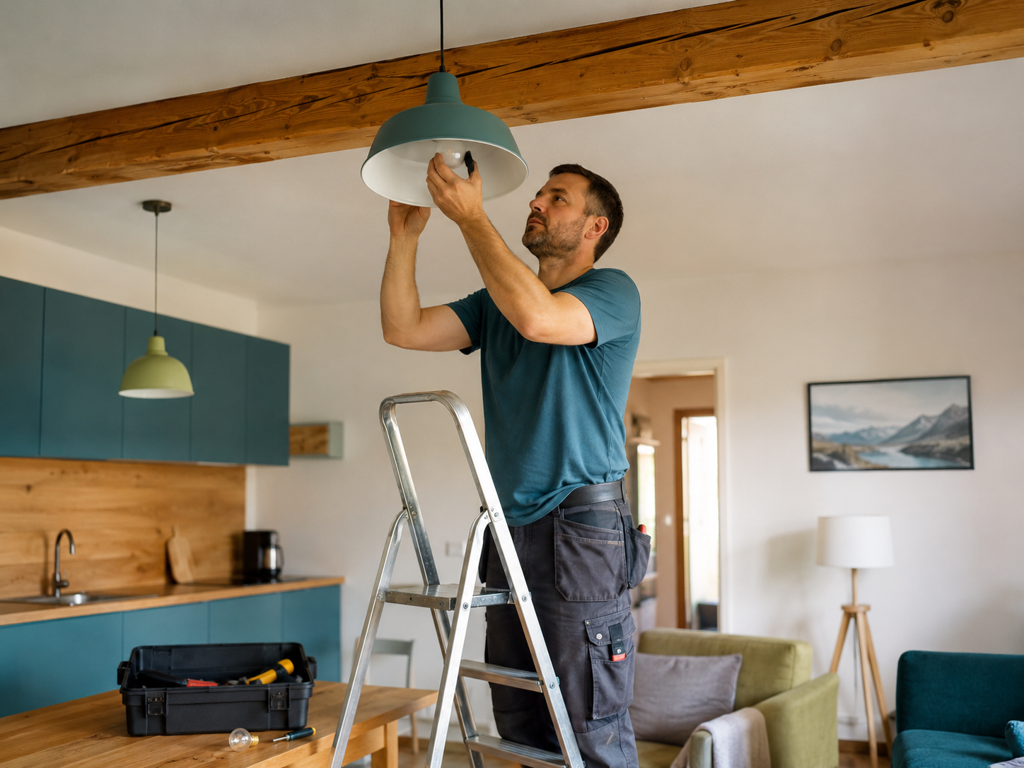 Favorent-Handwerker prüft die Technik einer Ferienwohnung