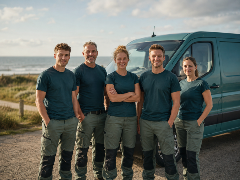 Gruppenbild eines regionalen Favorent-Serviceteams vor dem Einsatzfahrzeug