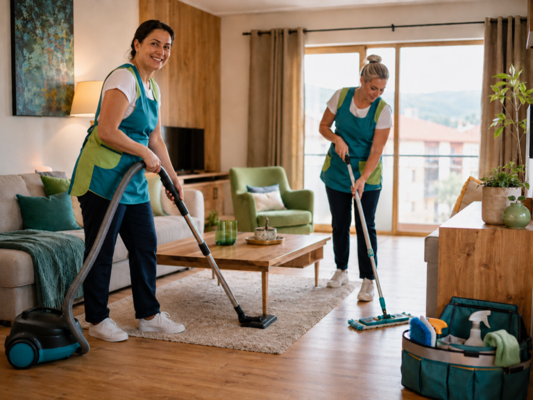 Eingespieltes Favorent-Reinigungsteam reinigt gemeinsam eine Ferienwohnung