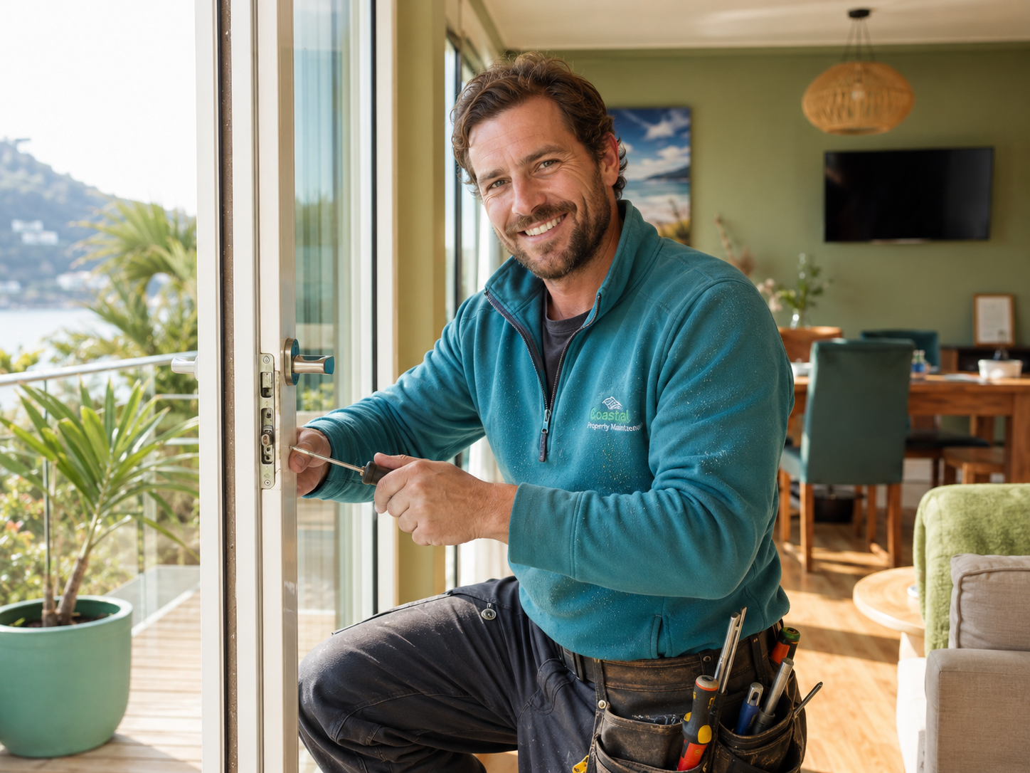 Favorent-Hausmeister erledigt eine kleine Reparatur in einer Ferienwohnung