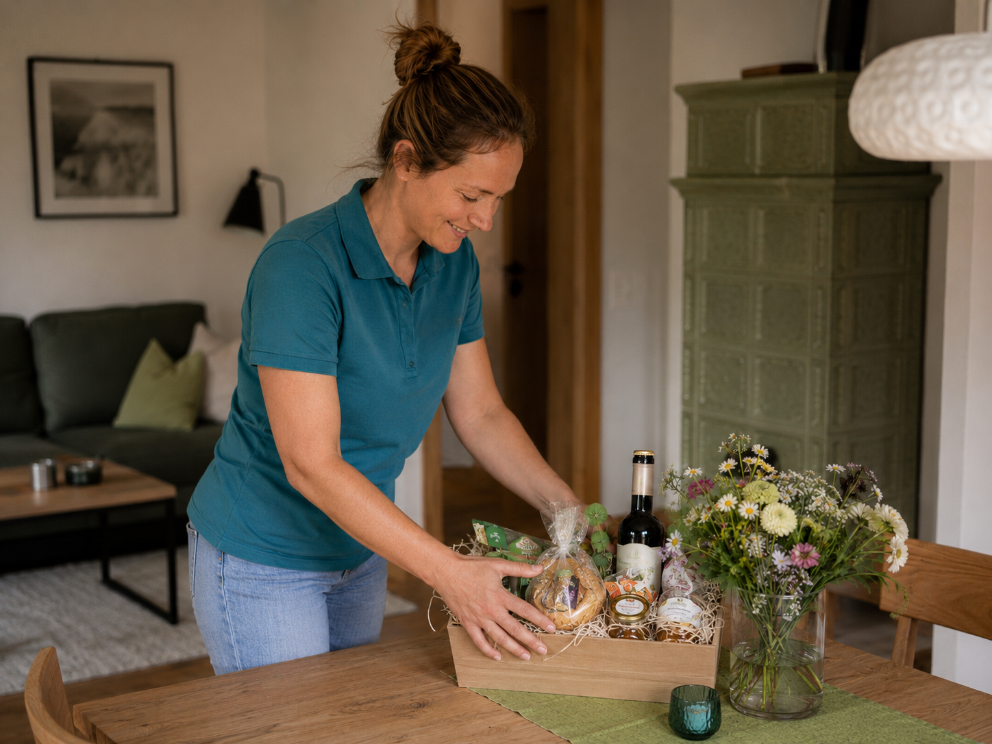 Favorent-Mitarbeiterin richtet einen Willkommensgruß mit regionalen Produkten an