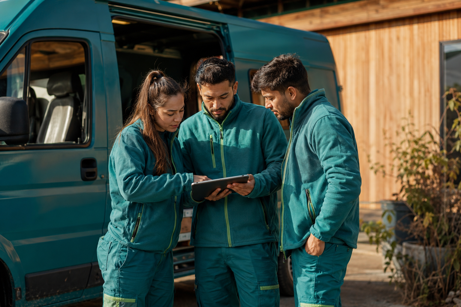 Morgendliches Briefing eines lokalen Favorent-Serviceteams am Einsatzfahrzeug