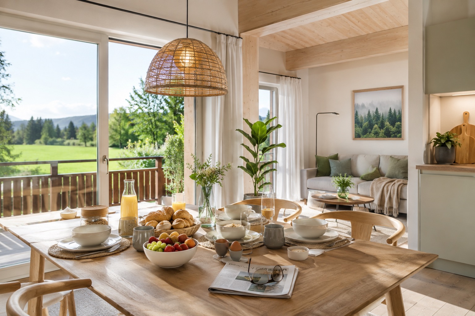 Ein einladend gedeckter Esstisch in einem Ferienhaus, das durch Favorent professionell für Gäste vorbereitet wurde.