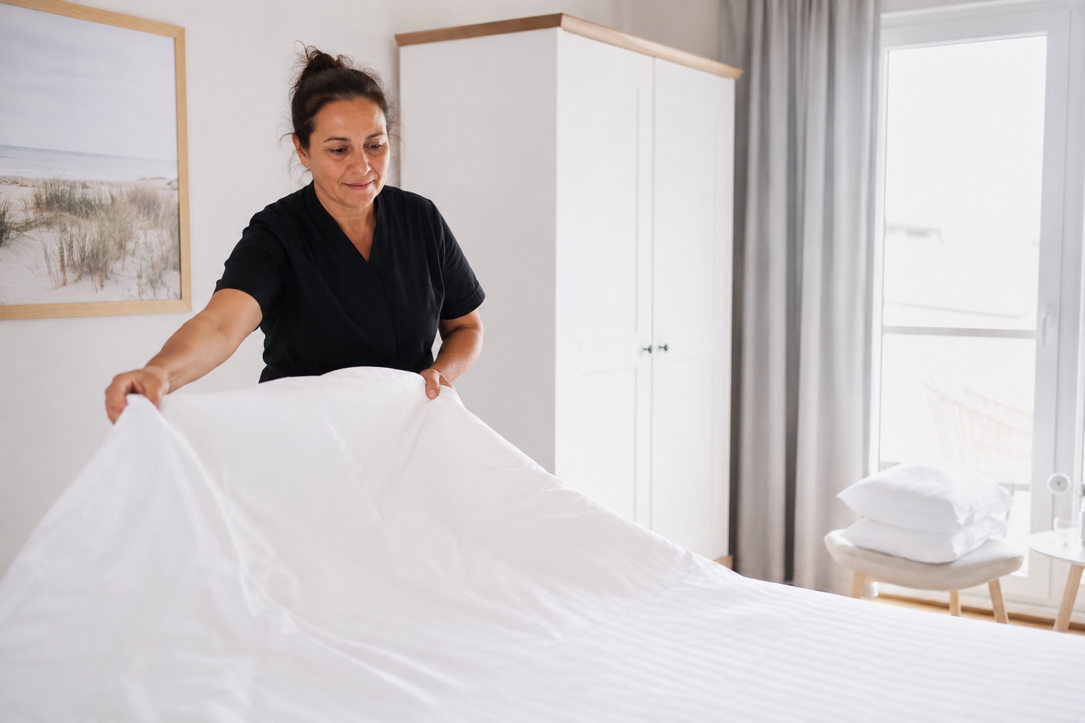Eine Mitarbeiterin von Favorent bezieht in einem Ferienhaus gewissenhaft das Bett mit frischer weißer Bettwäsche.