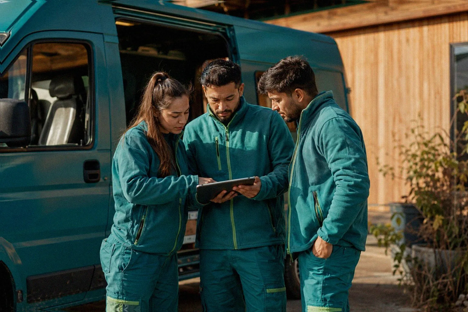 Morgendliches Briefing eines lokalen Favorent-Serviceteams am Einsatzfahrzeug