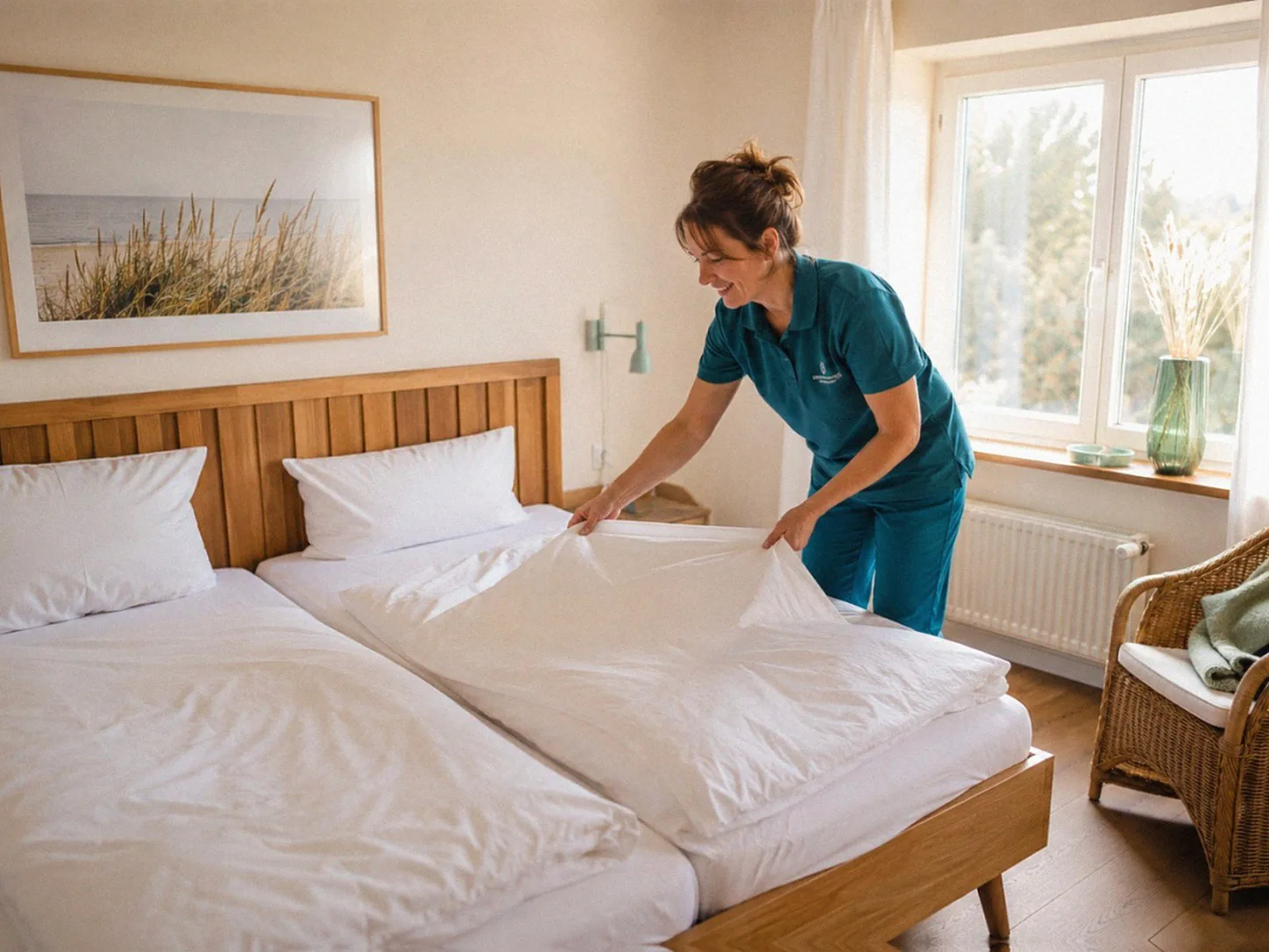 Favorent-Servicekraft bezieht frisch ein Bett in einer hellen Ferienwohnung