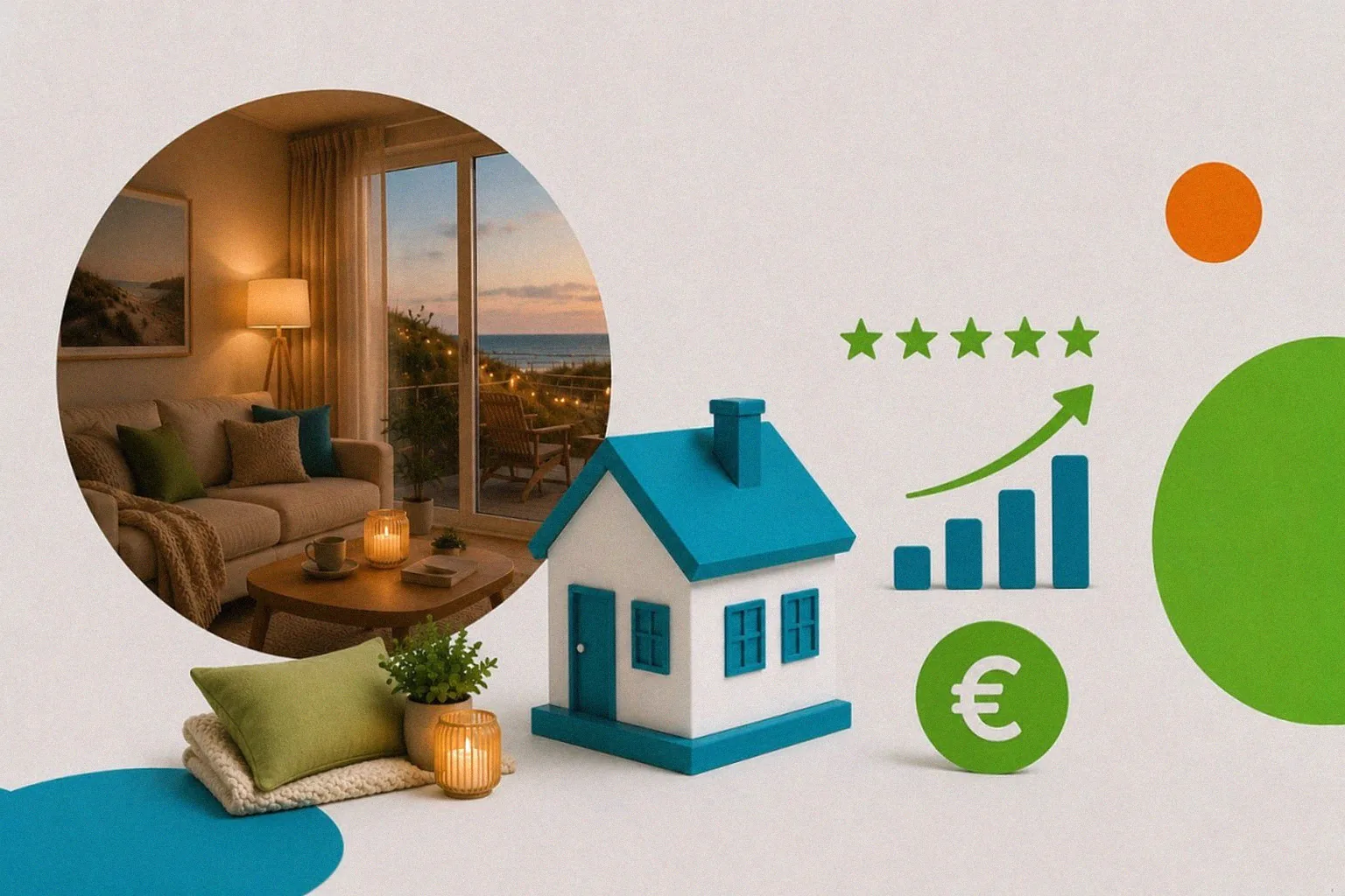 Ein stilisiertes Ferienhaus und Finanzsymbole illustrieren, wie Favorent die Vermietung von Ferienimmobilien optimiert.