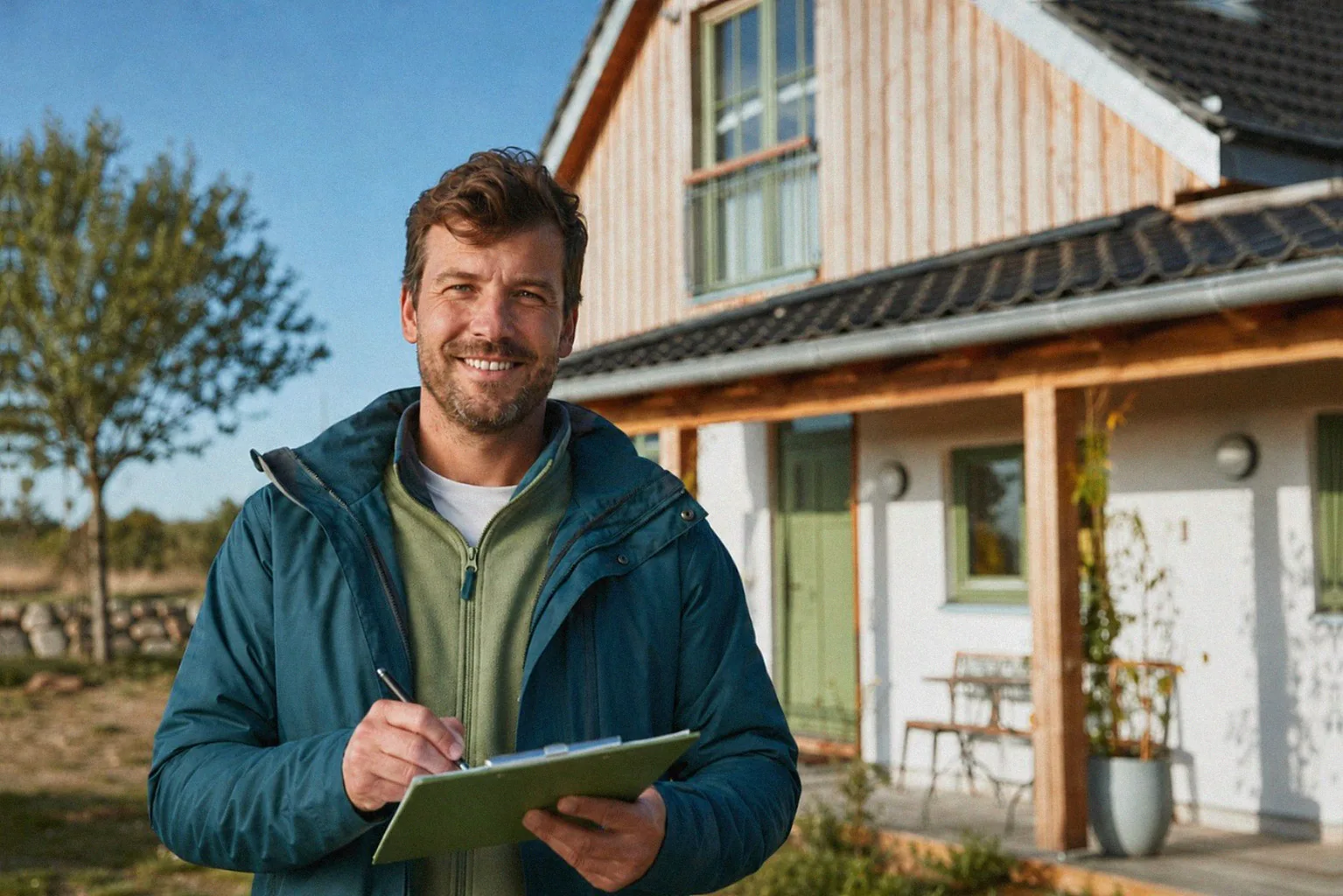 Lokaler Favorent-Objektbetreuer macht sich Notizen vor einem Ferienhaus
