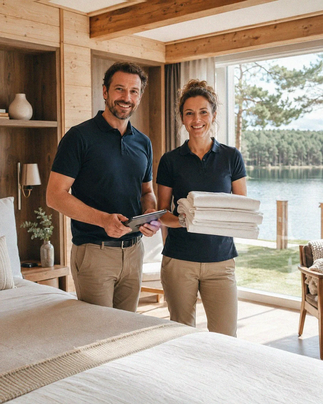 Vor-Ort-Team von Favorent an einer Ferienwohnung am See in Brandenburg