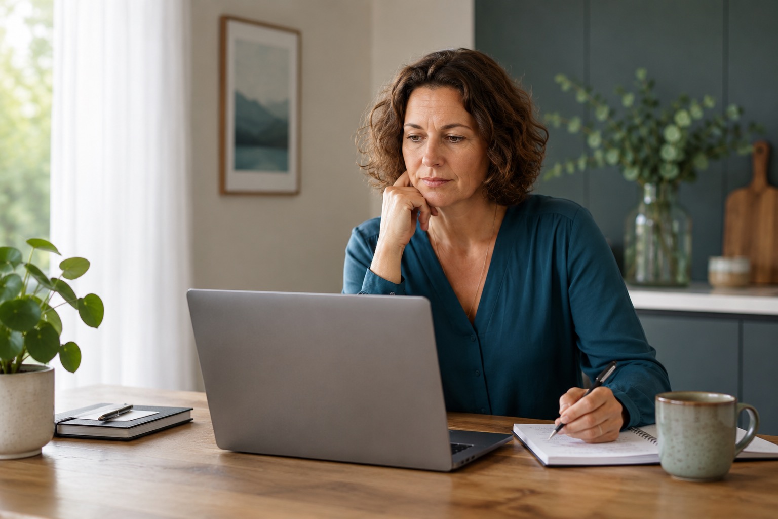 Eine Frau arbeitet am Laptop an der Verwaltung eines Ferienhauses und notiert Daten für den Service von Favorent.