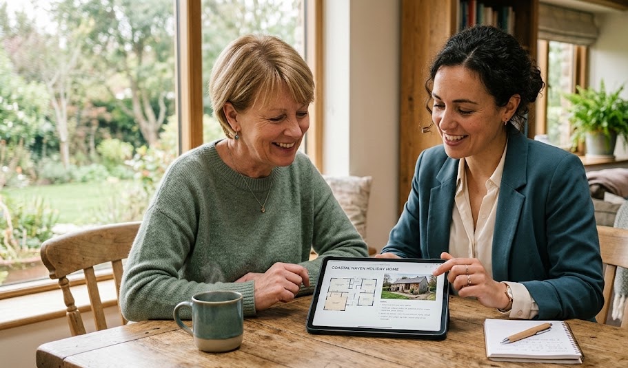 Eine Mitarbeiterin von Favorent berät eine Kundin zur professionellen Verwaltung ihres Ferienhauses am Tablet.