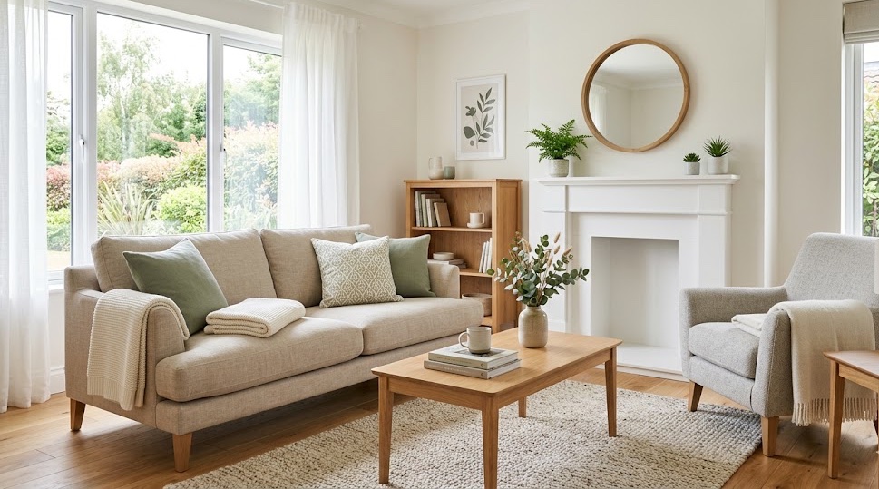 Helles Wohnzimmer eines Ferienhauses mit gemütlichem Sofa und Kamin, professionell gepflegt durch Favorent.