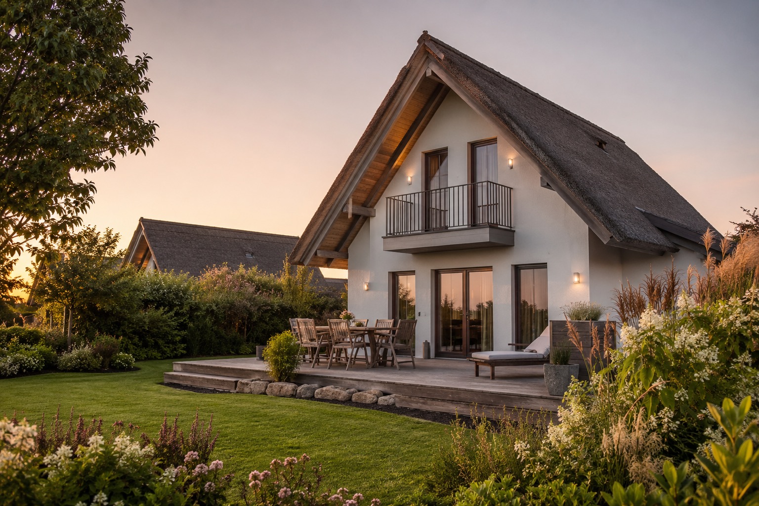 Reetgedecktes Ferienhaus bei Sonnenuntergang, dessen Pflege und Instandhaltung professionell durch Favorent erfolgt.