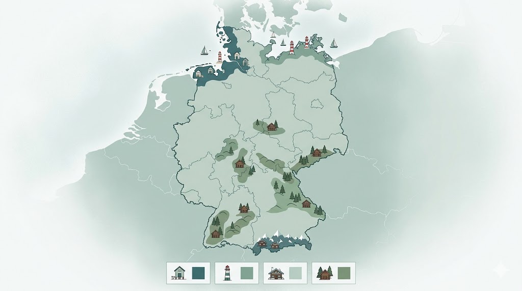 Stylized map of the Netherlands showing forested areas, small houses, and coastal lighthouses, with a legend of icons at the bottom.