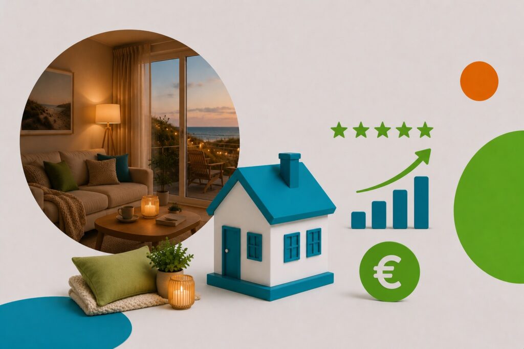 Ein stilisiertes Ferienhaus und Finanzsymbole illustrieren, wie Favorent die Vermietung von Ferienimmobilien optimiert.