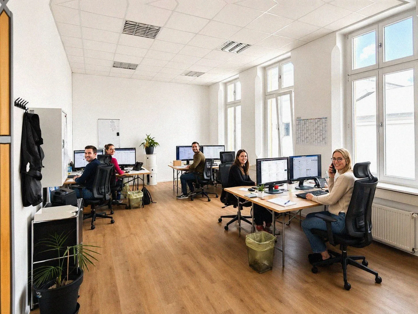 Team von Favorent in der Deutschland-Zentrale Rostock, fünf Mitarbeiter an drei Arbeitsplätzen mit Bildschirmen, eine Mitarbeiterin im Telefongespräch