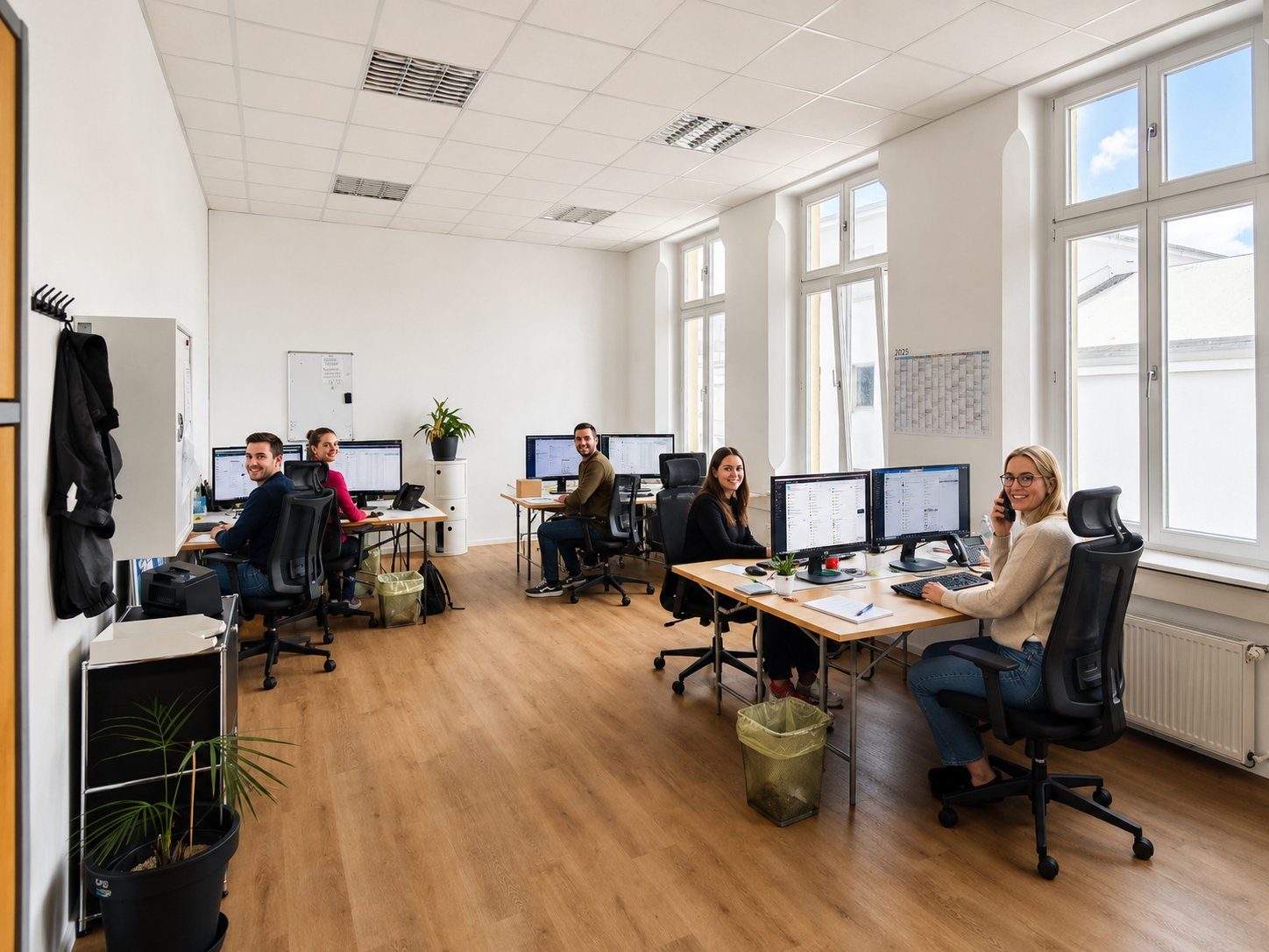 Team von Favorent im Büro Rostock, fünf Mitarbeiter an drei Arbeitsplätzen mit Bildschirmen, eine Mitarbeiterin im Telefongespräch